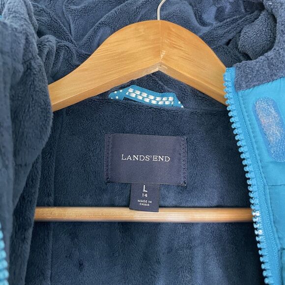 Lands End Fleece Lined Puffer Coat Hooded Jacket Full Zip Blue  Girl's Large 14 - Picture 6 of 8
